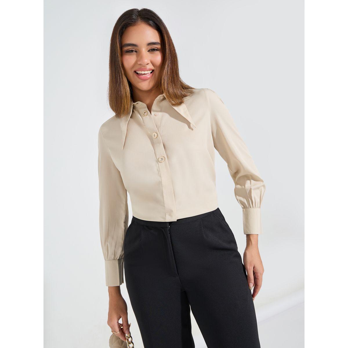 Styli Elevate Solid Button Down Regular Fit Shirt with Wingtip Collar-women-clothing-shirtsandblouses-shirts-image-1