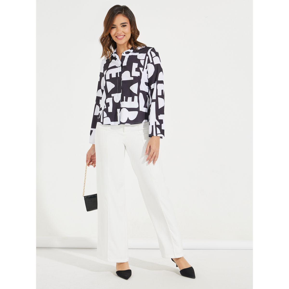Styli Elevate Abstract Print Buttoned Shirt with Flared Sleeves-women-clothing-shirtsandblouses-shirts-image-2