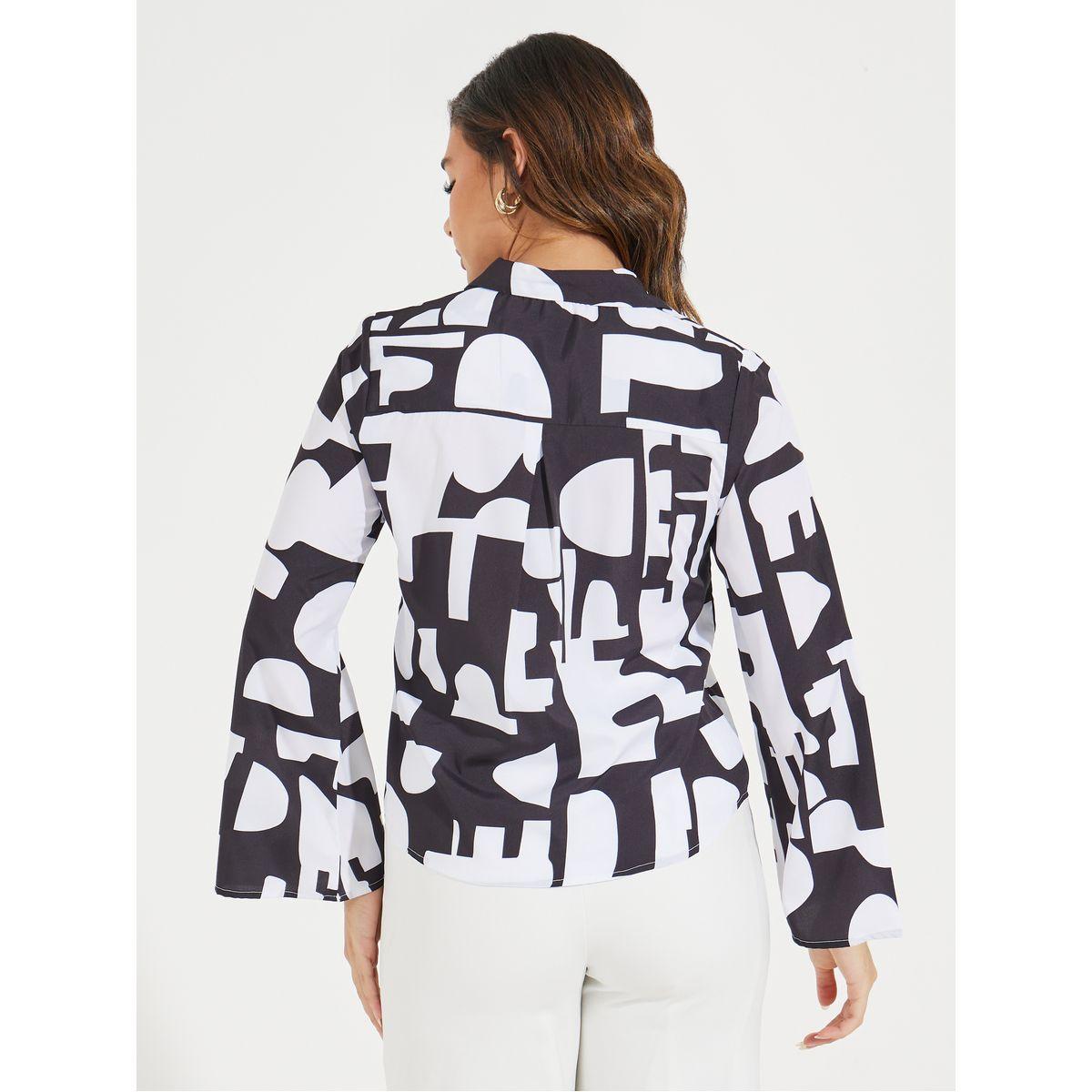 Styli Elevate Abstract Print Buttoned Shirt with Flared Sleeves-women-clothing-shirtsandblouses-shirts-image-4