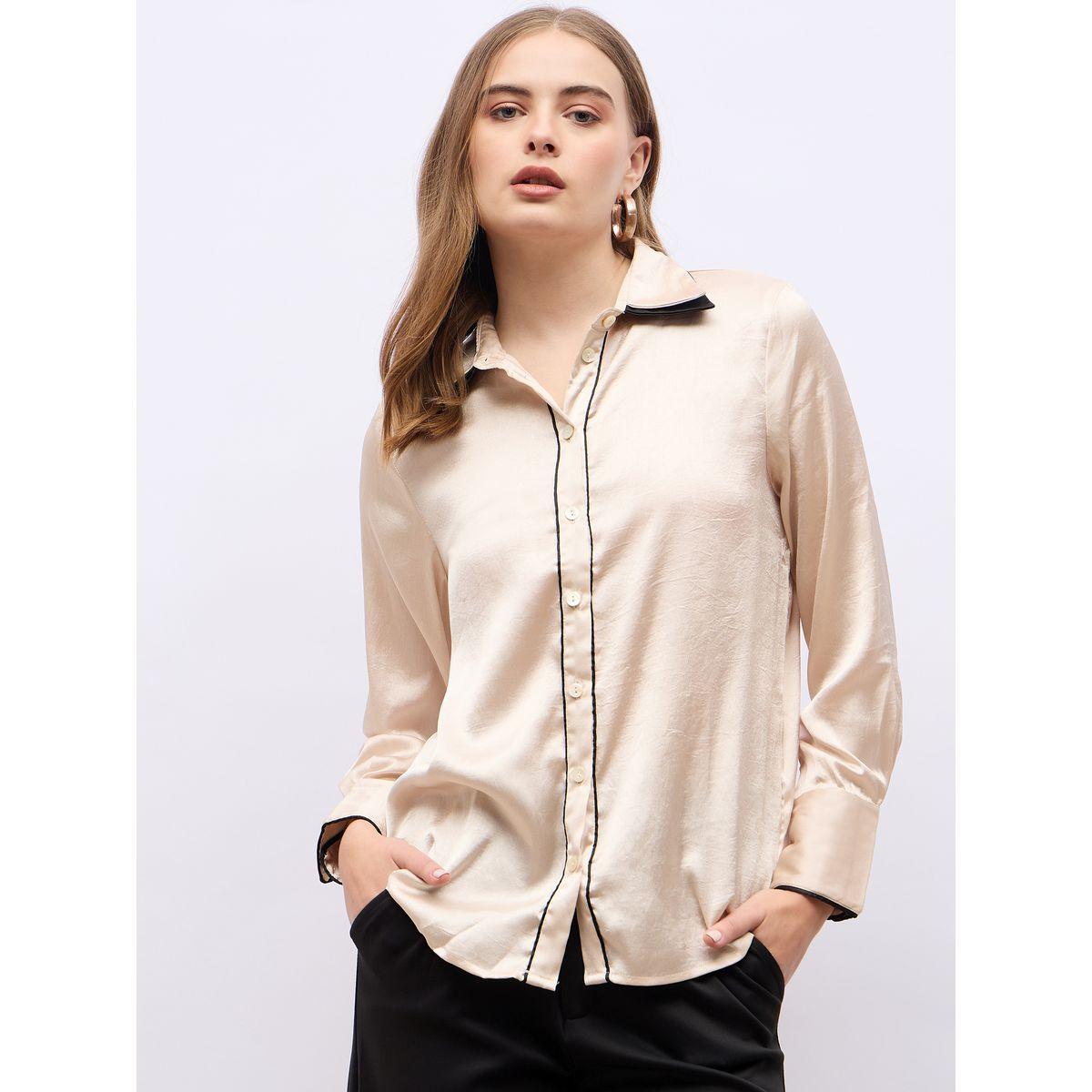 بلوزة بياقة مزدوجة وأكمام طويلة مع تفاصيل محزوزة-women-clothing-shirtsandblouses-shirts-image-1