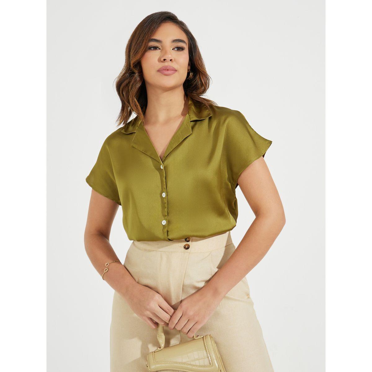 Styli Elevate Satin Regular Fit Solid Buttoned Shirt with Cap Sleeve-women-clothing-shirtsandblouses-shirts-image-1