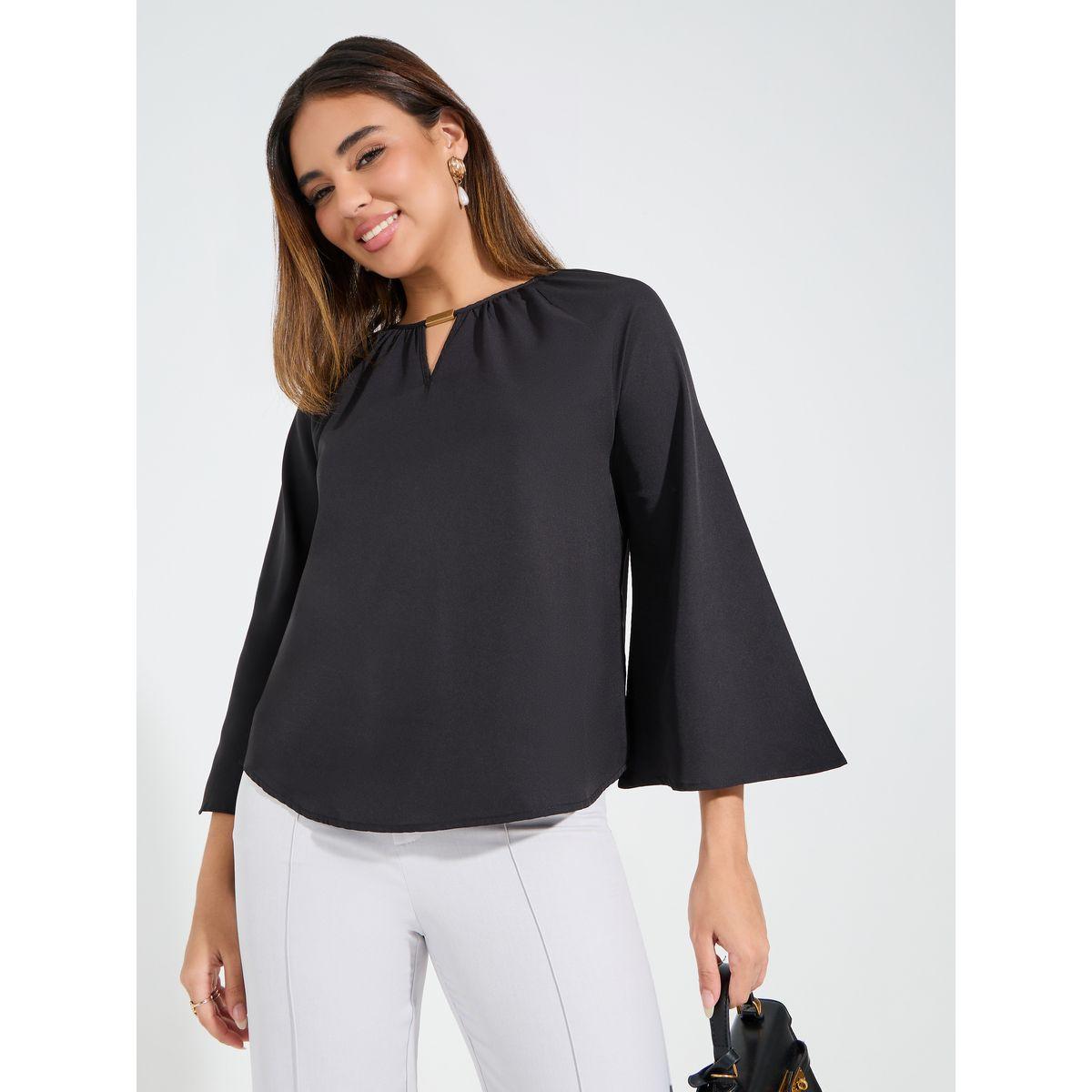 Styli Elevate Solid Round Neck Top with Flute Sleeve-women-clothing-shirtsandblouses-blouses-image-1