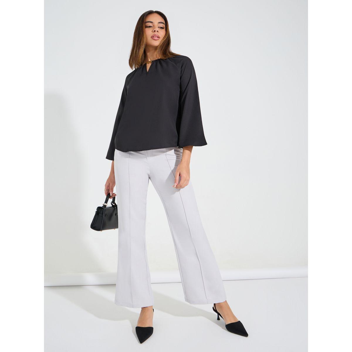 Styli Elevate Solid Round Neck Top with Flute Sleeve-women-clothing-shirtsandblouses-blouses-image-2