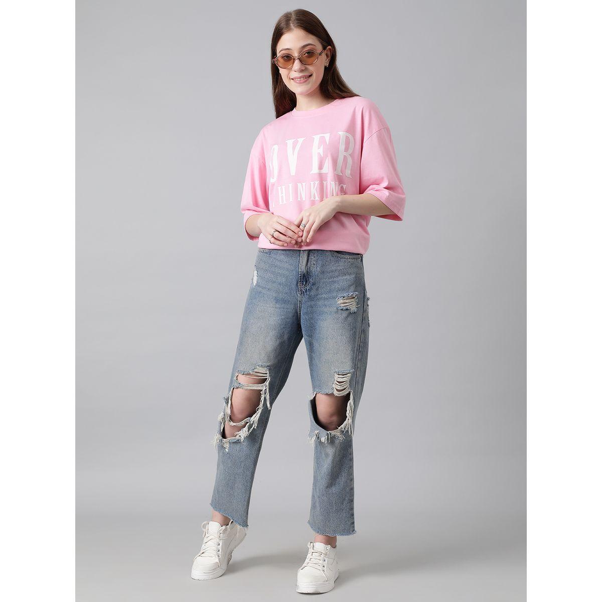 تيشيرت فضفاض بطبعة كتابة مع اكتاف منخفضة كوتي × ستايلي-women-clothing-tshirts-image-3