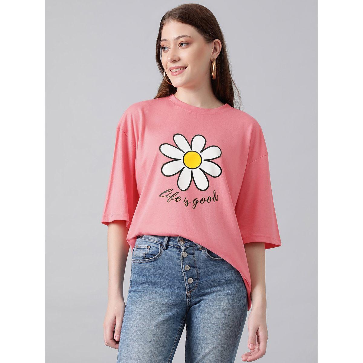 تيشيرت فضفاض مطبع بزهور مع ياقة دائرية كوتي × ستايلي-women-clothing-tshirts-image-1