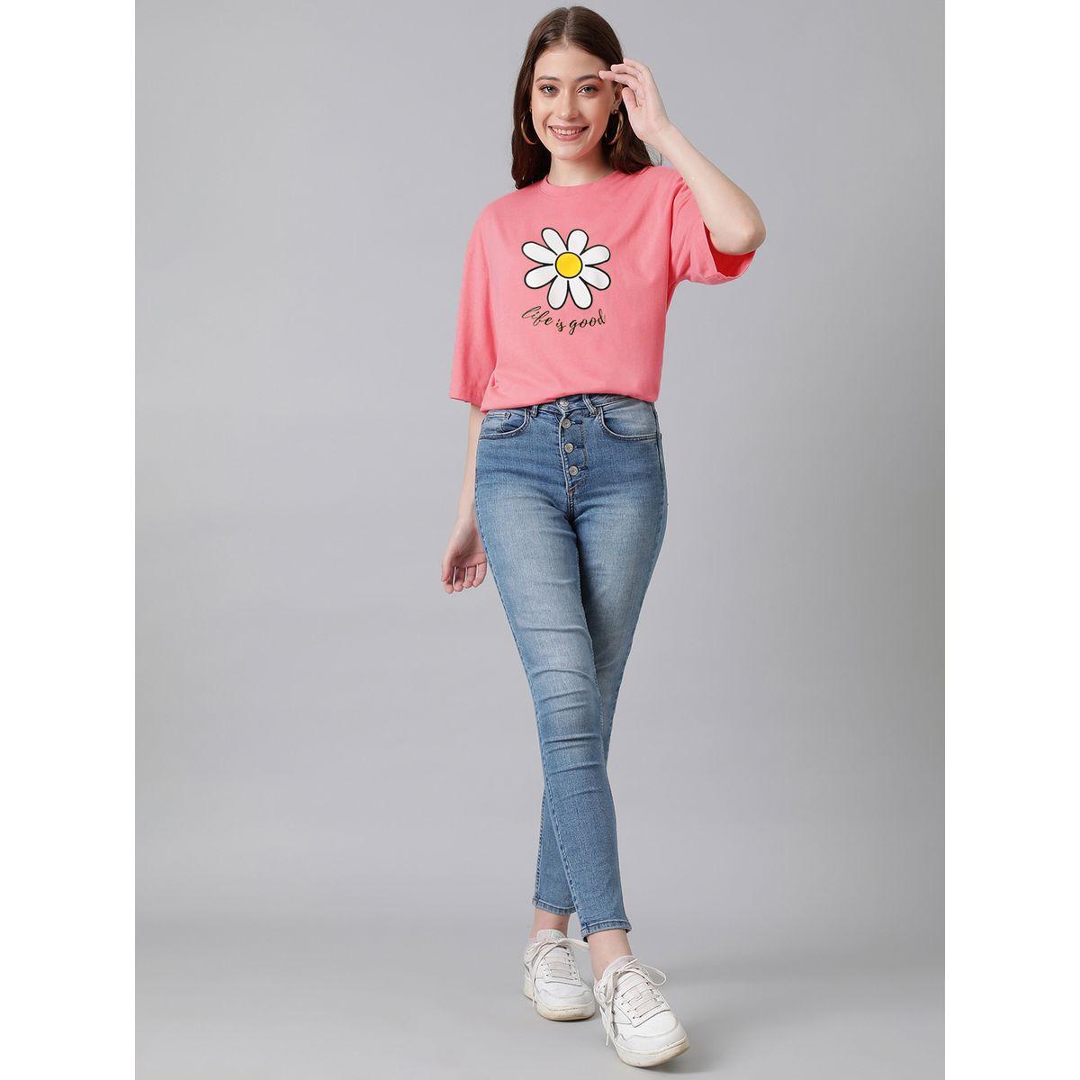 تيشيرت فضفاض مطبع بزهور مع ياقة دائرية كوتي × ستايلي-women-clothing-tshirts-image-2