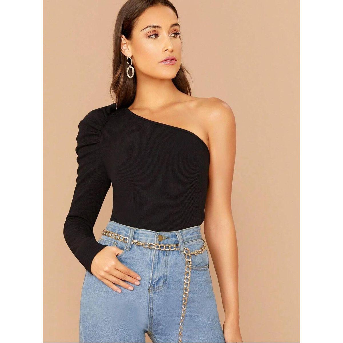 Kotty X Styli  Solid One Shoulder Puff Sleeves Top-women-clothing-shirtsandblouses-blouses-image-2