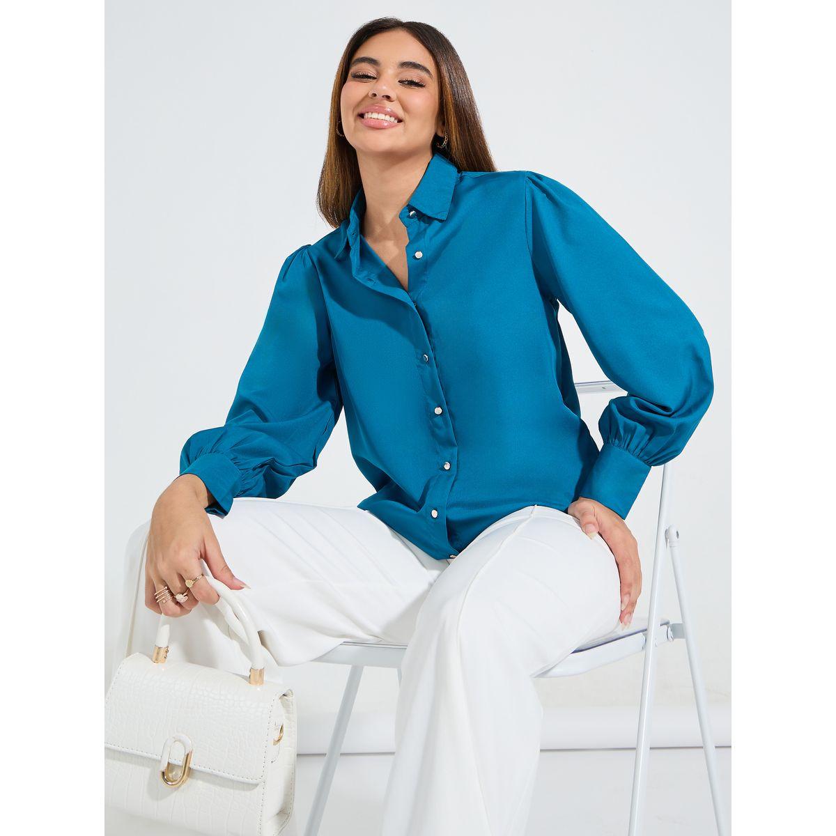 Styli Elevate Solid Button Down Shirt with Long Bishop Sleeve-women-clothing-shirtsandblouses-shirts-image-1