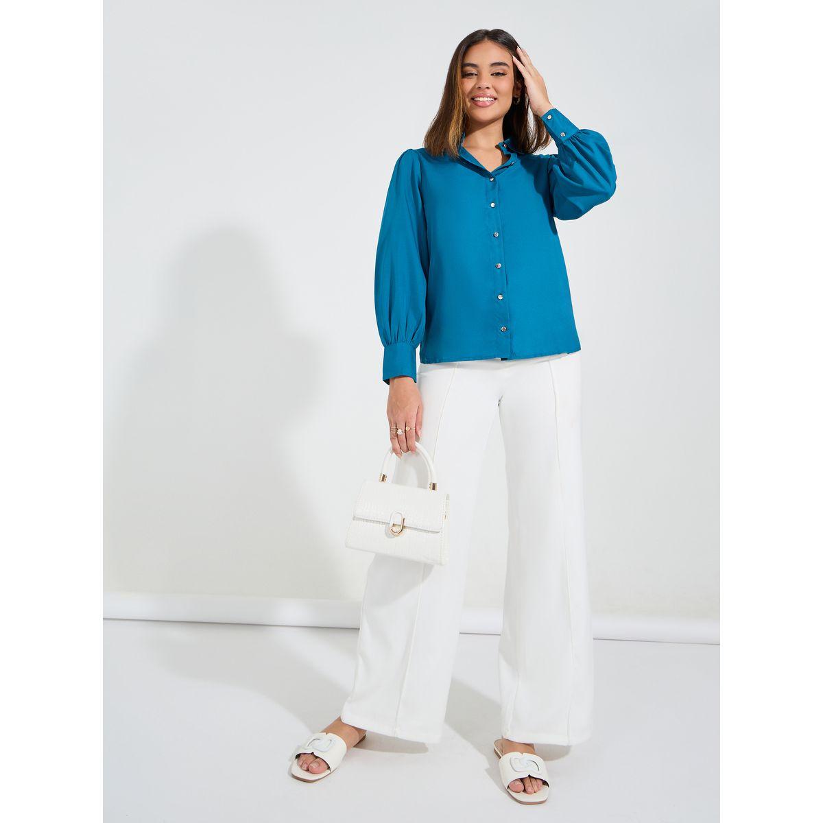 Styli Elevate Solid Button Down Shirt with Long Bishop Sleeve-women-clothing-shirtsandblouses-shirts-image-2