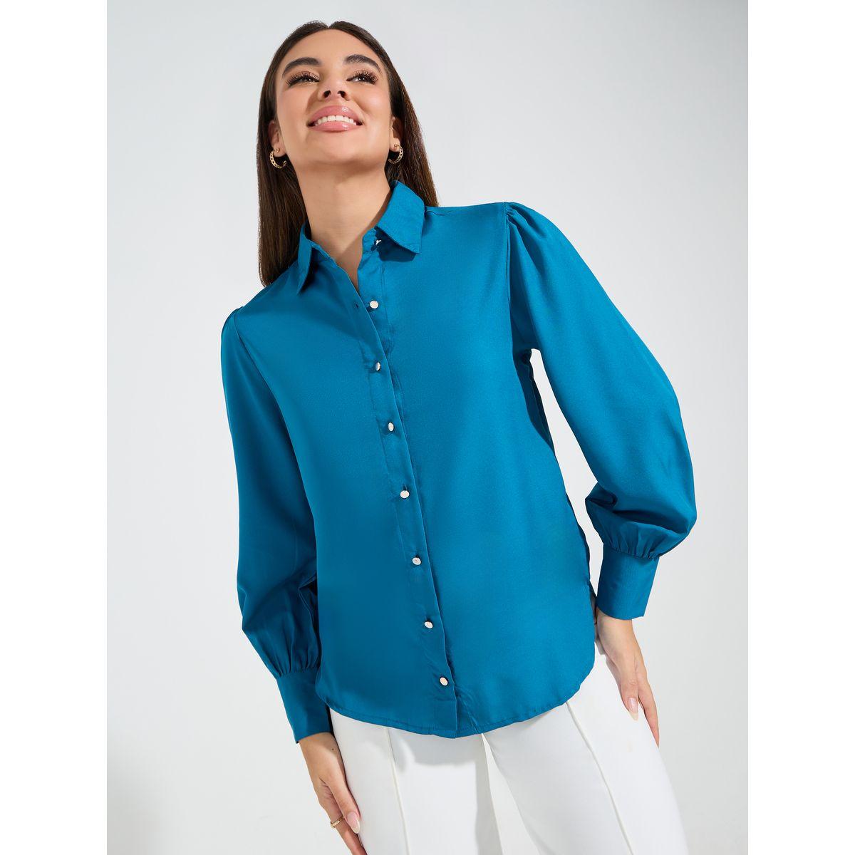 Styli Elevate Solid Button Down Shirt with Long Bishop Sleeve-women-clothing-shirtsandblouses-shirts-image-3