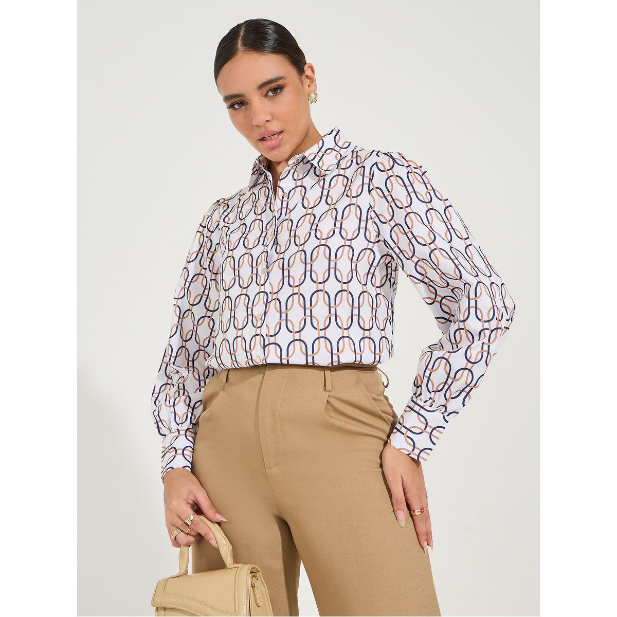 Styli Elevate Geo Print Button Down Shirt with Long Sleeves-women-clothing-shirtsandblouses-shirts-image-1