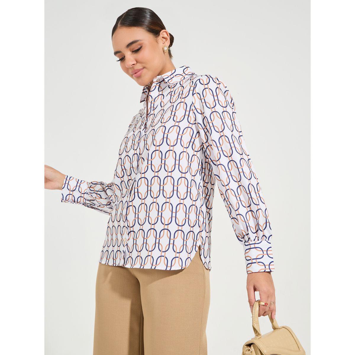 Styli Elevate Geo Print Button Down Shirt with Long Sleeves-women-clothing-shirtsandblouses-shirts-image-3