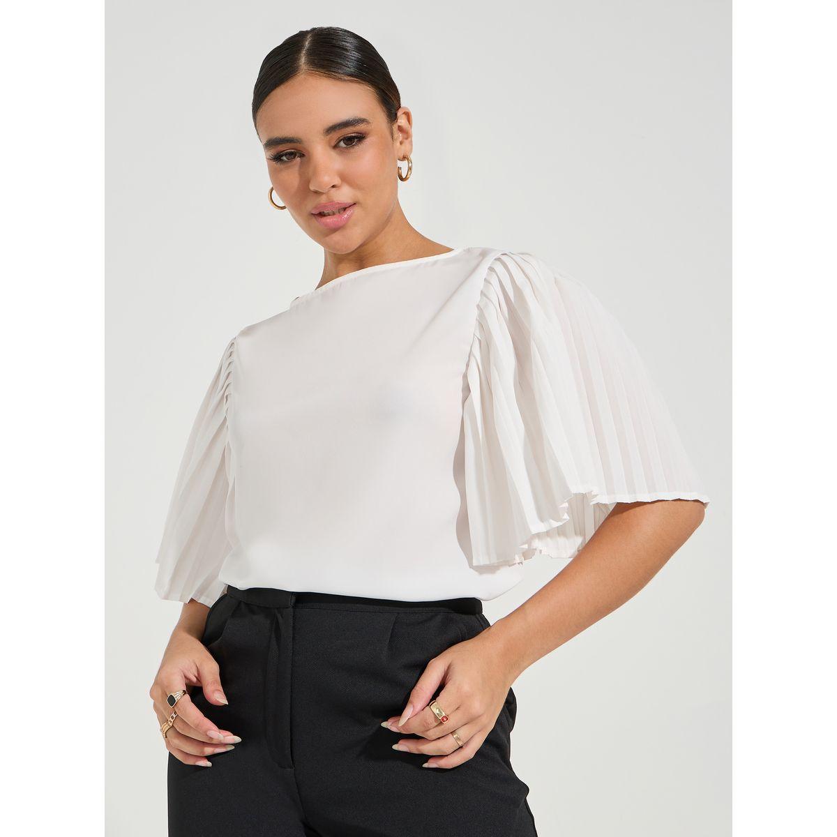 بلوزة سادة بقصة عادية واكمام فلوت-women-clothing-shirtsandblouses-blouses-image-1