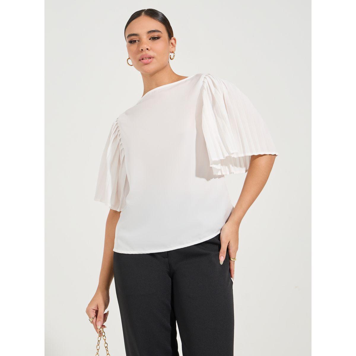 بلوزة سادة بقصة عادية واكمام فلوت-women-clothing-shirtsandblouses-blouses-image-3