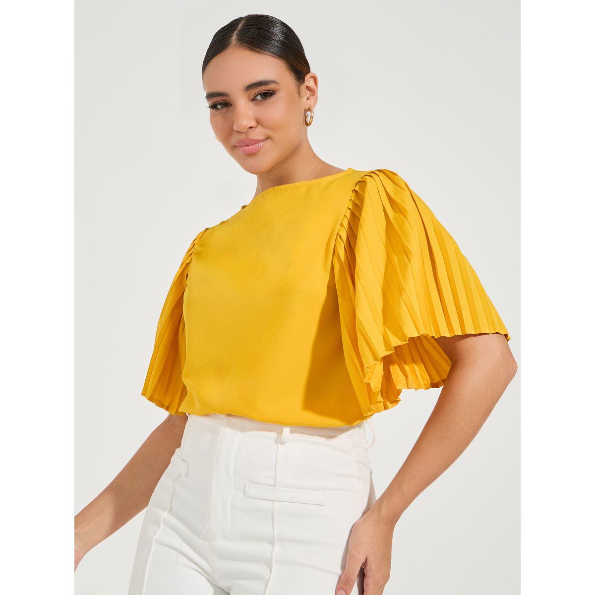 Styli Elevate Regular Fit Solid Pleated Flute Sleeve Top-women-clothing-shirtsandblouses-blouses-image-1
