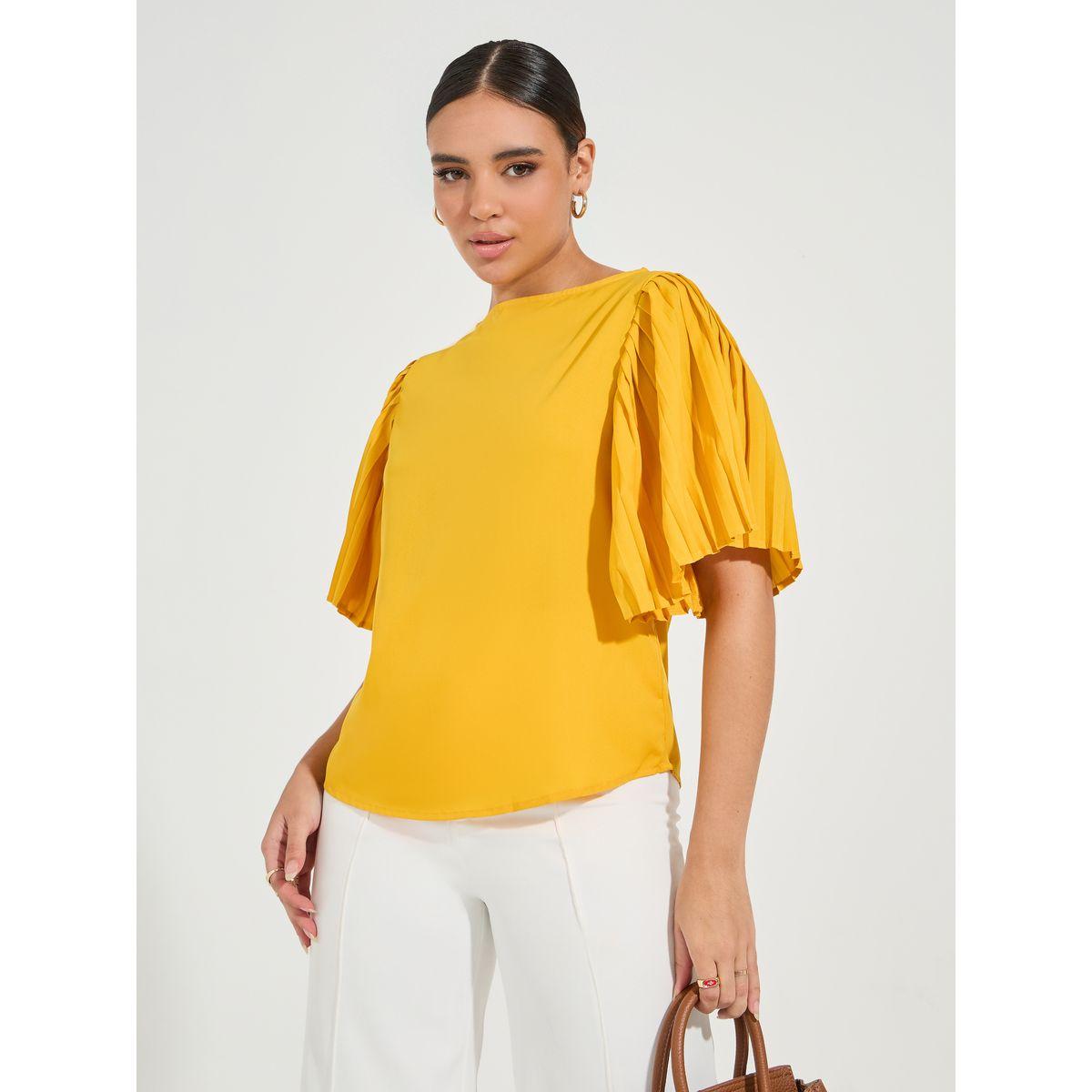بلوزة سادة بقصة عادية واكمام فلوت-women-clothing-shirtsandblouses-blouses-image-3