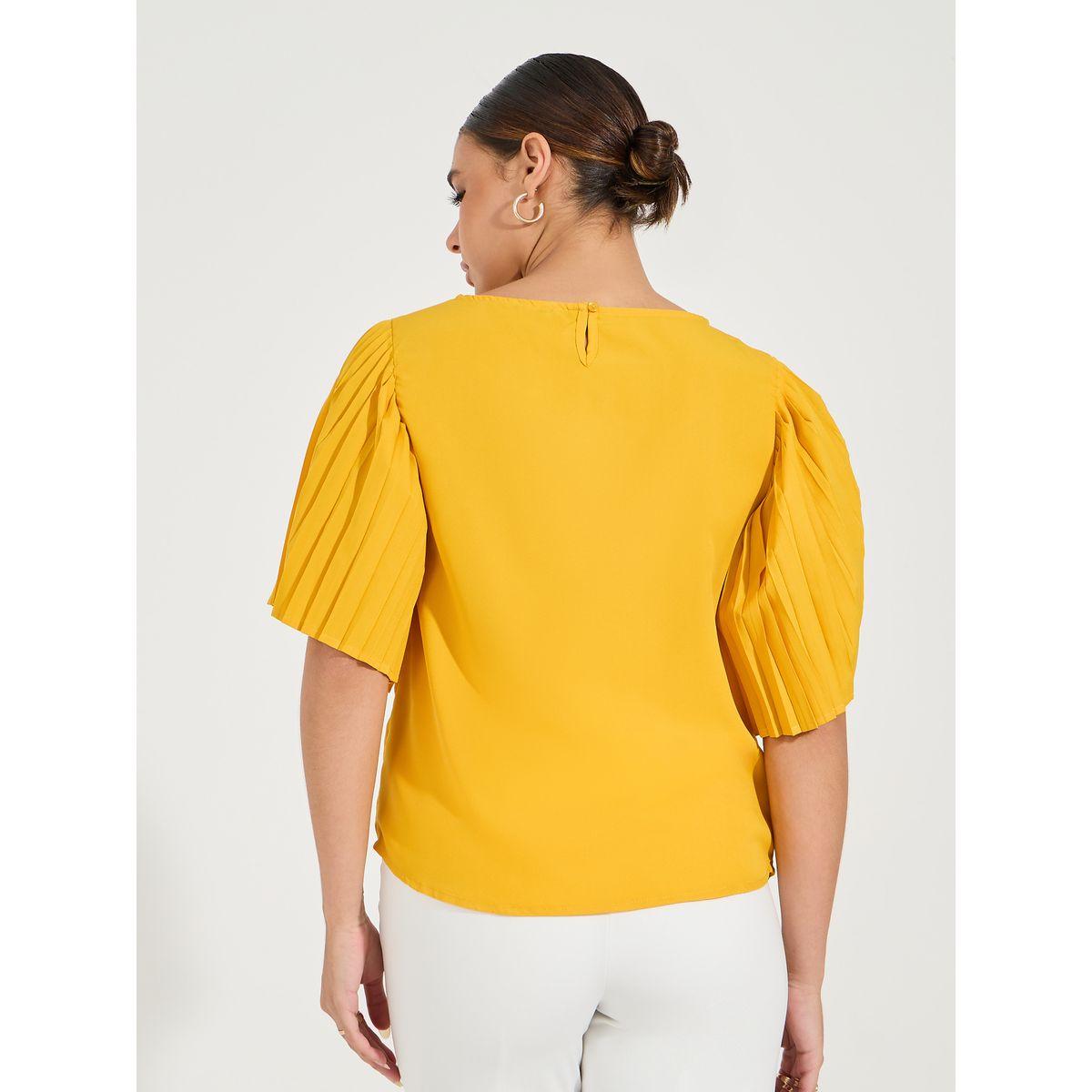 Styli Elevate Regular Fit Solid Pleated Flute Sleeve Top-women-clothing-shirtsandblouses-blouses-image-5