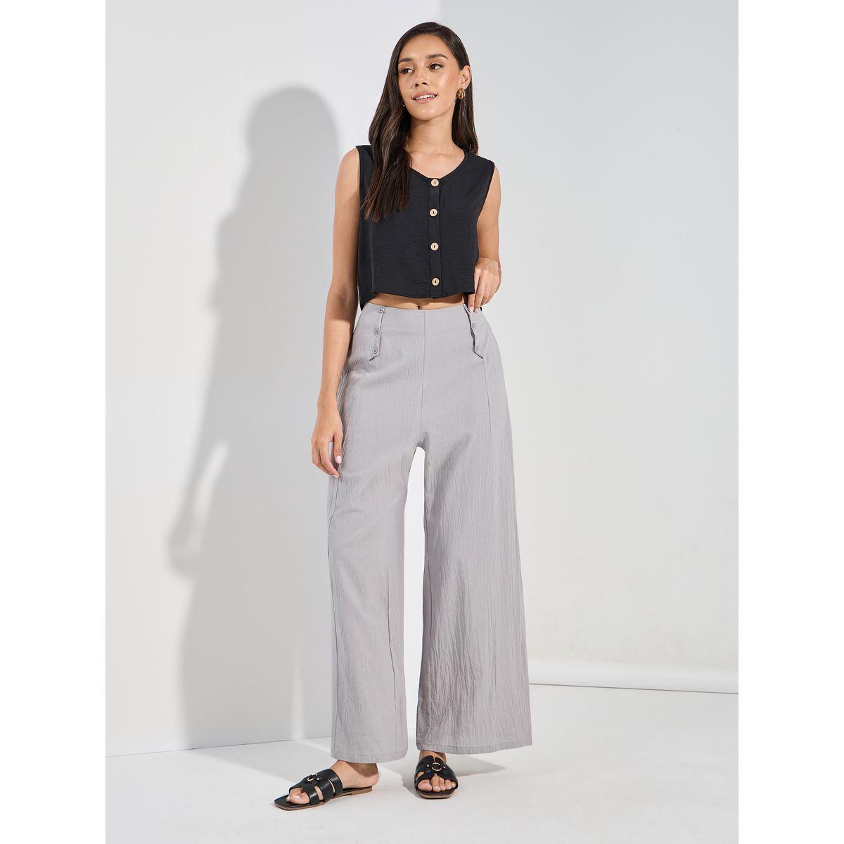 Styli Textured Wide Leg Pants with Button Detail-women-clothing-bottoms-trousers-image-2