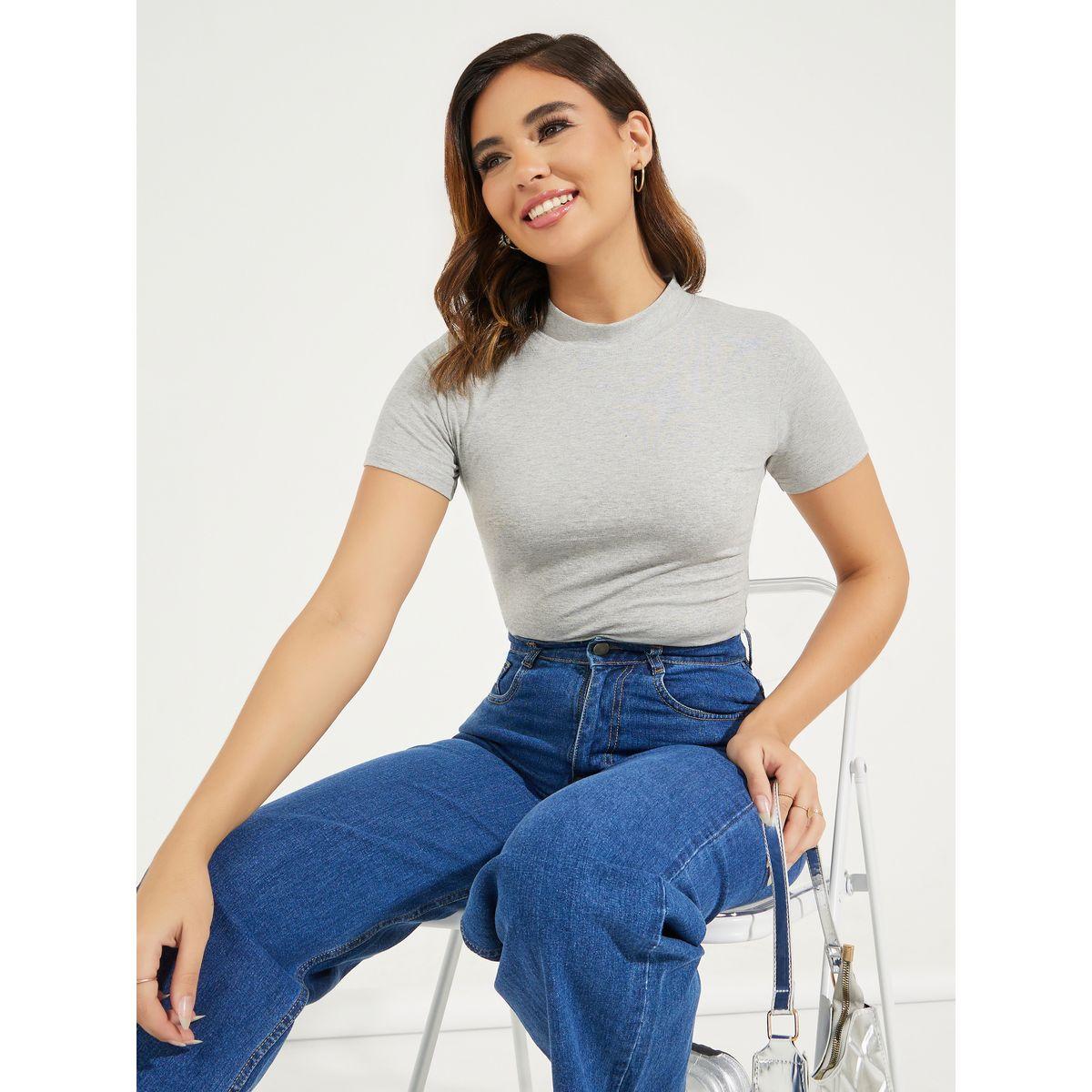 تيشيرت قطن مُجسم بياقة عالية-women-clothing-tshirts-image-1