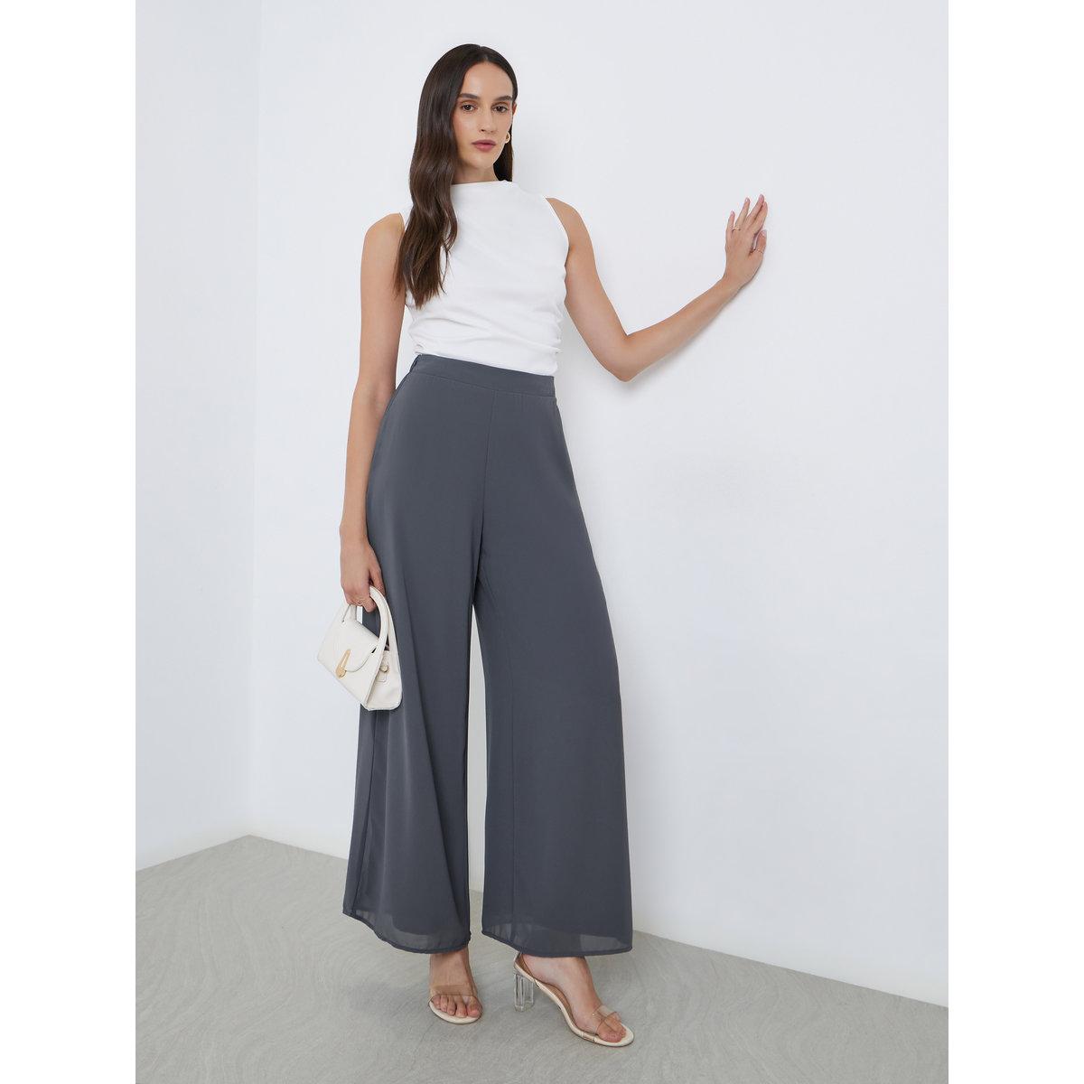 Styli Elegant Charcoal Wide Leg Trousers-women-clothing-bottoms-trousers-image-1