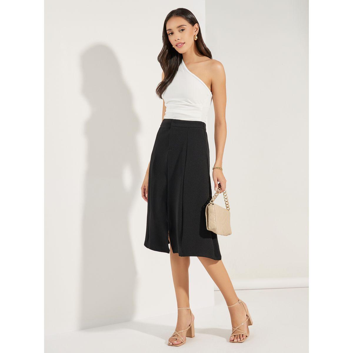 Styli Solid A-Line Midi Skirt with Front Slit-women-clothing-bottoms-skirts-image-1