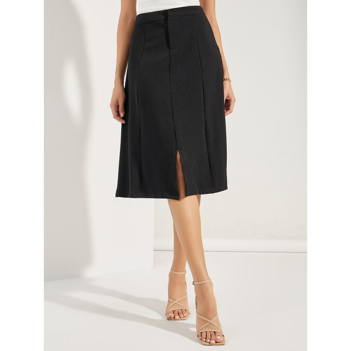 تنورة ميدي سادة بحافة واسعة وشق امامي-women-clothing-bottoms-skirts-image-2