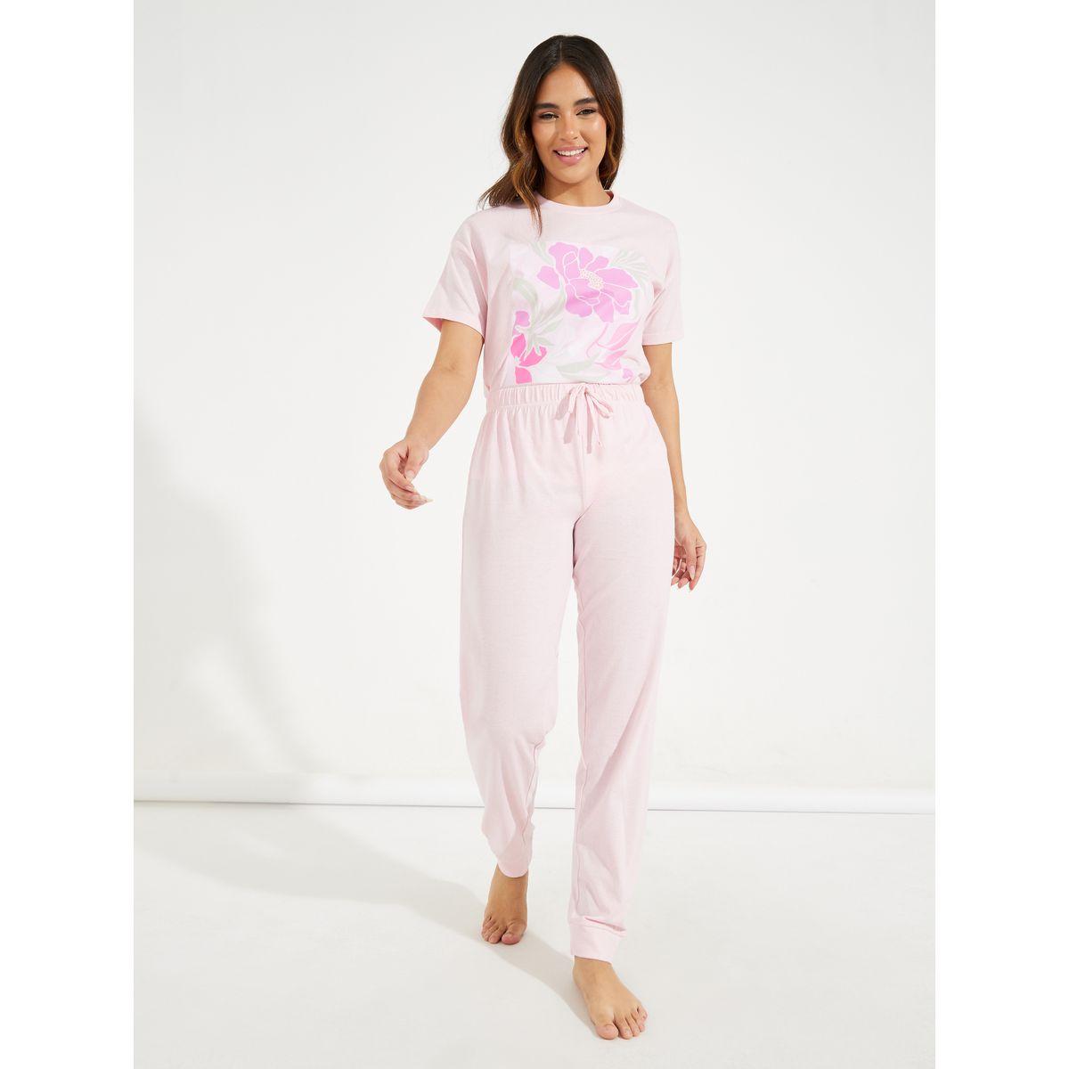 Styli Unwind Framed Floral Print Dropped Shoulder T-Shirt & Cuffed Pyjama Set-women-clothing-nightwear-pyjamas-longsets-image-2