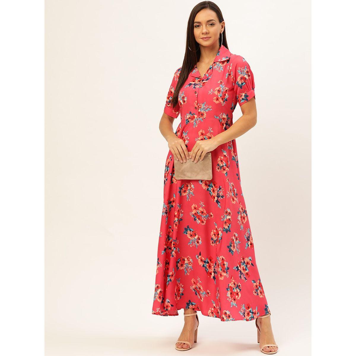 فستان طويل مطبع بزهور مع ياقة بطية يو آند إف × ستايلي-women-clothing-dresses-image-1