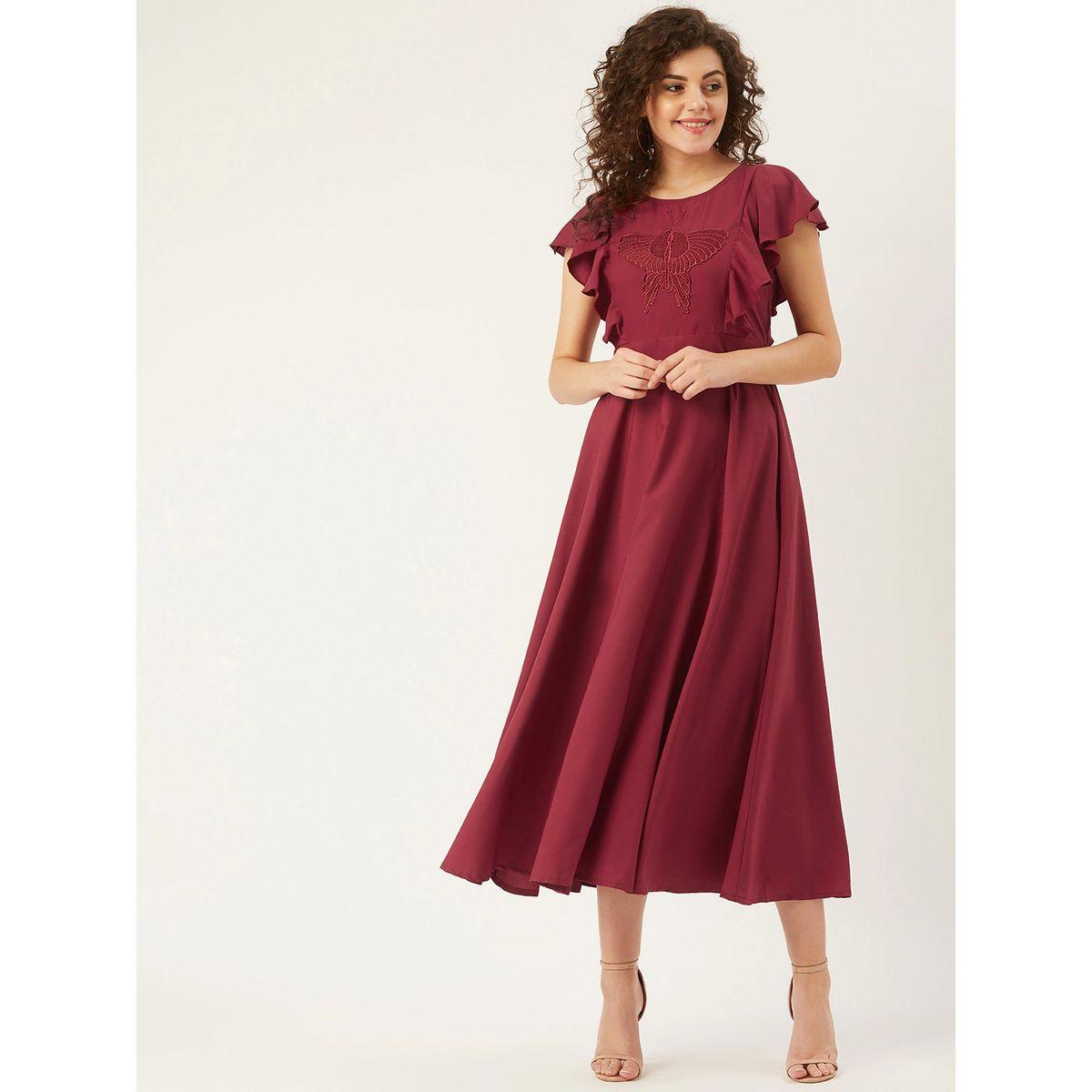 فستان ميدي بتفاصيل شبكية واكمام بكشكش يو آند إف × ستايلي-women-clothing-dresses-image-1