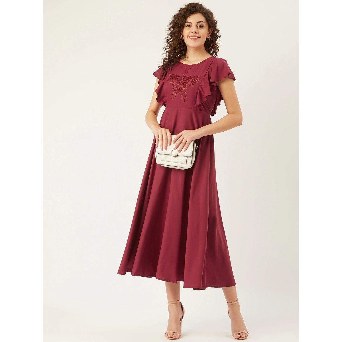 فستان ميدي بتفاصيل شبكية واكمام بكشكش يو آند إف × ستايلي-women-clothing-dresses-image-2