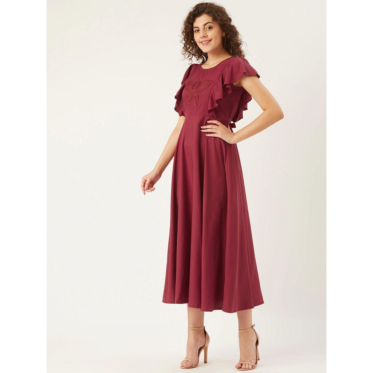 فستان ميدي بتفاصيل شبكية واكمام بكشكش يو آند إف × ستايلي-women-clothing-dresses-image-4