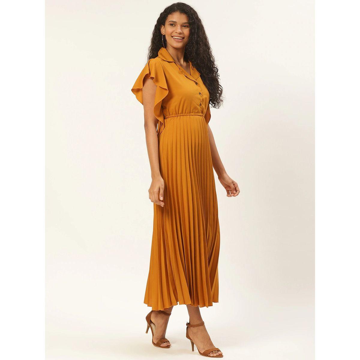 فستان طويل بكسرات واكمام بكشكش يو آند إف × ستايلي-women-clothing-dresses-image-3