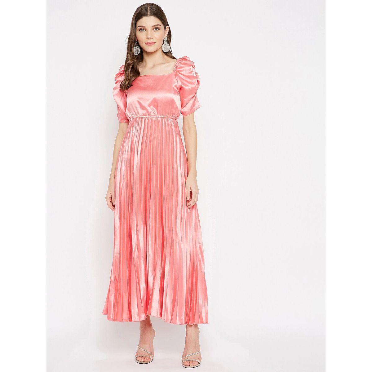 فستان ساتان طويل بكسرات واكمام مزمومة يو آند إف × ستايلي-women-clothing-dresses-image-1