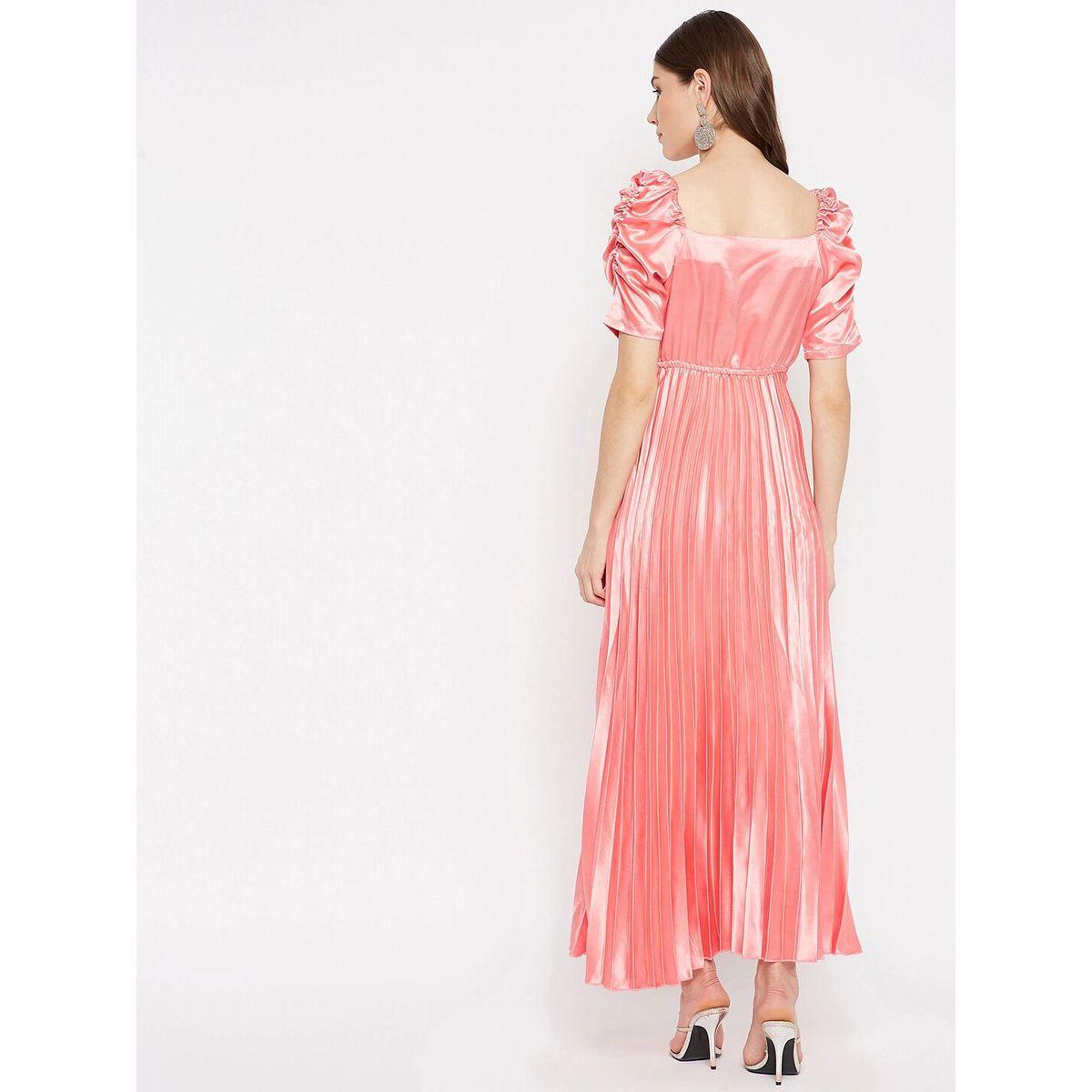 فستان ساتان طويل بكسرات واكمام مزمومة يو آند إف × ستايلي-women-clothing-dresses-image-2