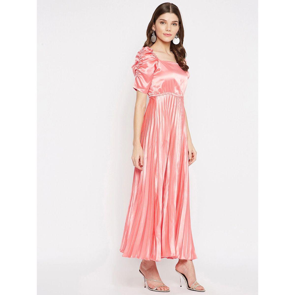 U&F X Styli  Satin Pleated A-Line Maxi Dress with Ruched Sleeves-women-clothing-dresses-image-3