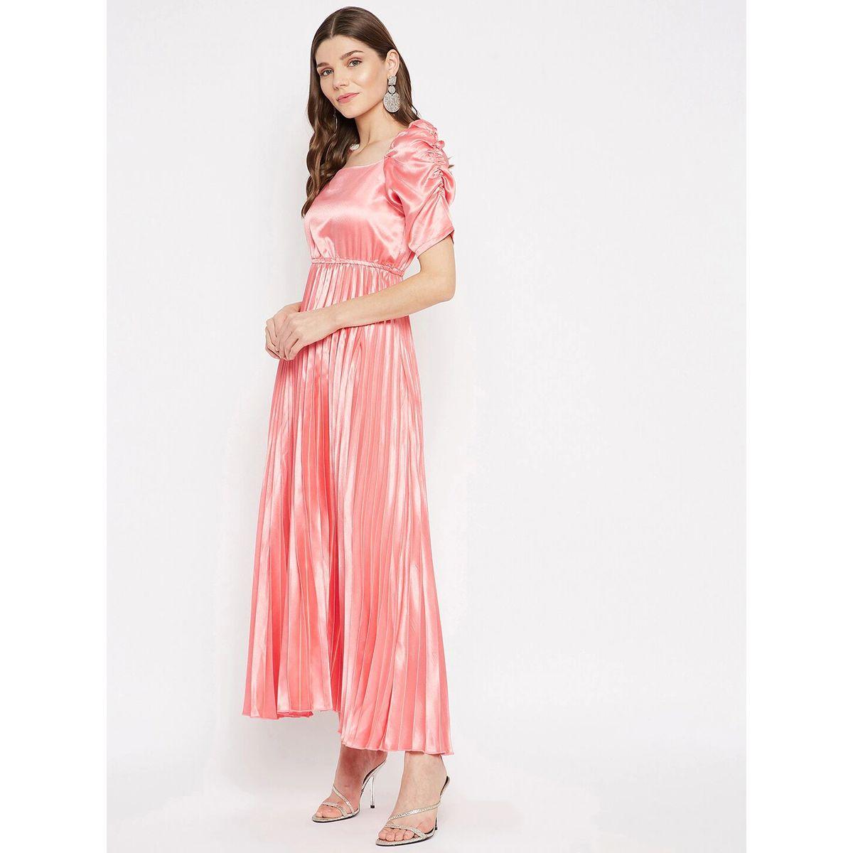 U&F X Styli  Satin Pleated A-Line Maxi Dress with Ruched Sleeves-women-clothing-dresses-image-4