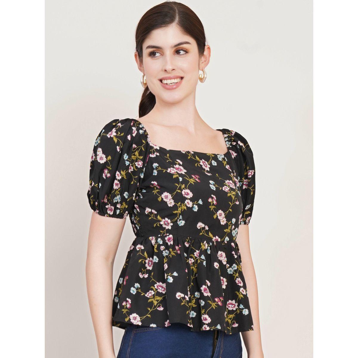 بلوزة بيبلوم مطبعة بزهور مع ياقة واسعة يو آند إف × ستايلي-women-clothing-shirtsandblouses-blouses-image-1