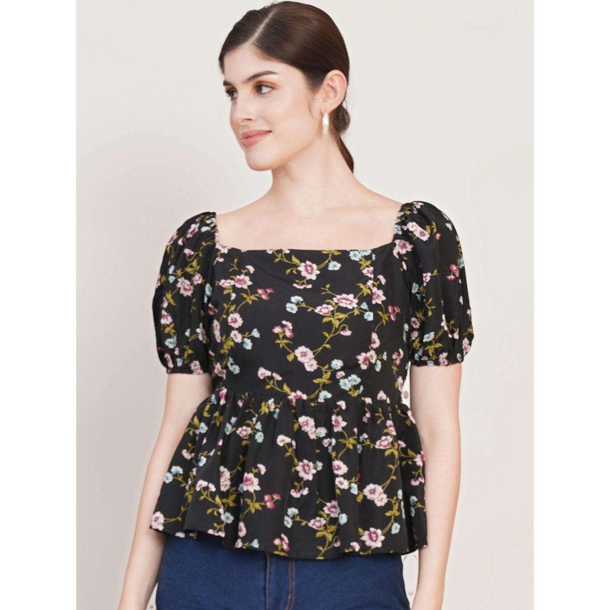 بلوزة بيبلوم مطبعة بزهور مع ياقة واسعة يو آند إف × ستايلي-women-clothing-shirtsandblouses-blouses-image-4