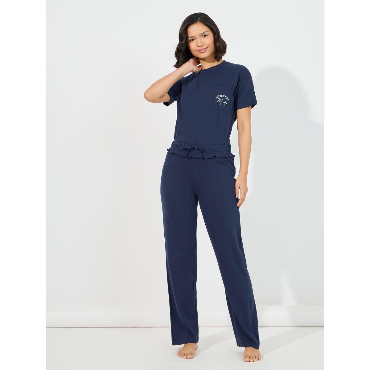 Styli Unwind Slogan Pocket Print T-Shirt & Ruffled Waistband Pyjama Set-women-clothing-nightwear-pyjamas-longsets-image-1