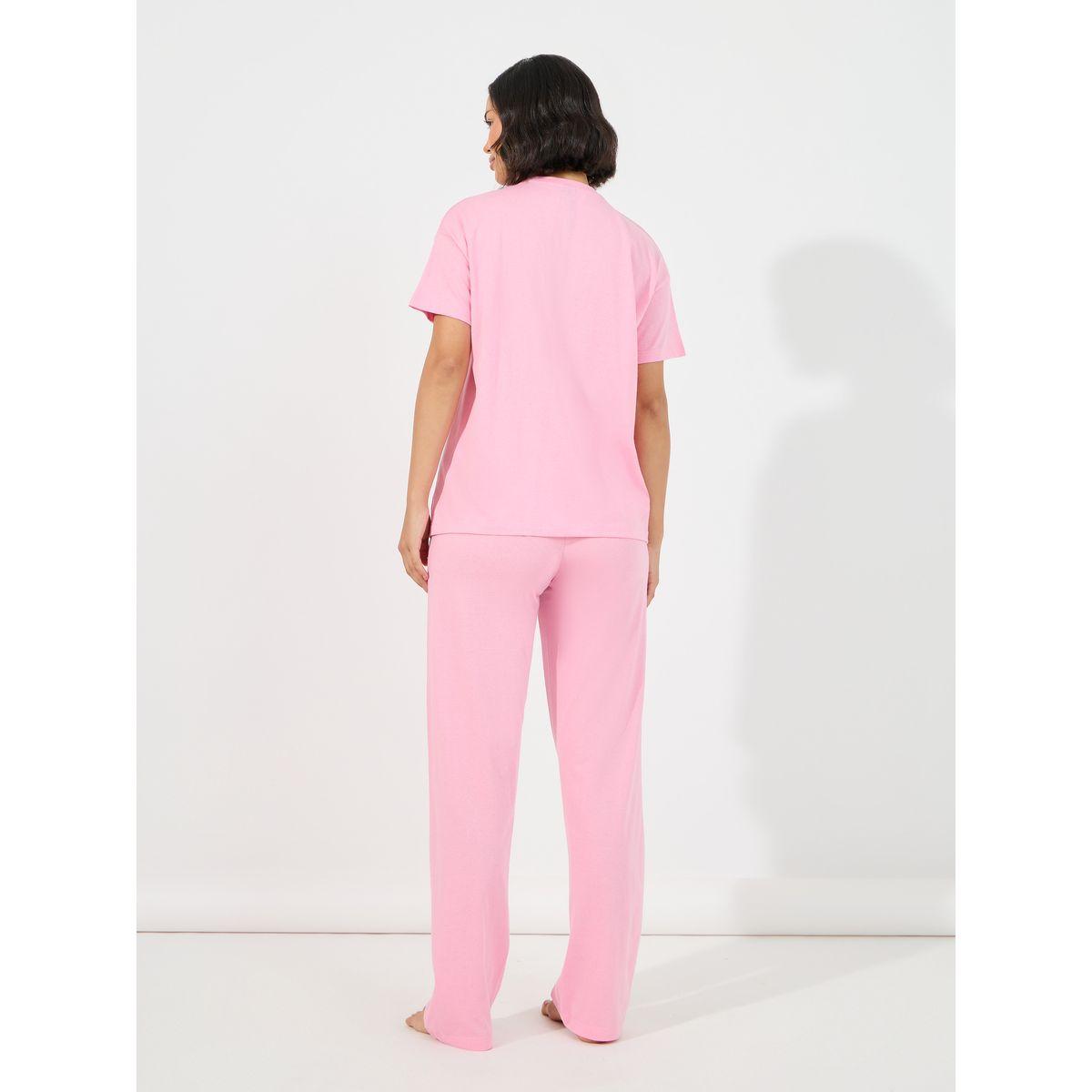 طقم من بنطال بيجاما مع تيشيرت بجيب مطبع بكتابة-women-clothing-nightwear-pyjamas-longsets-image-5