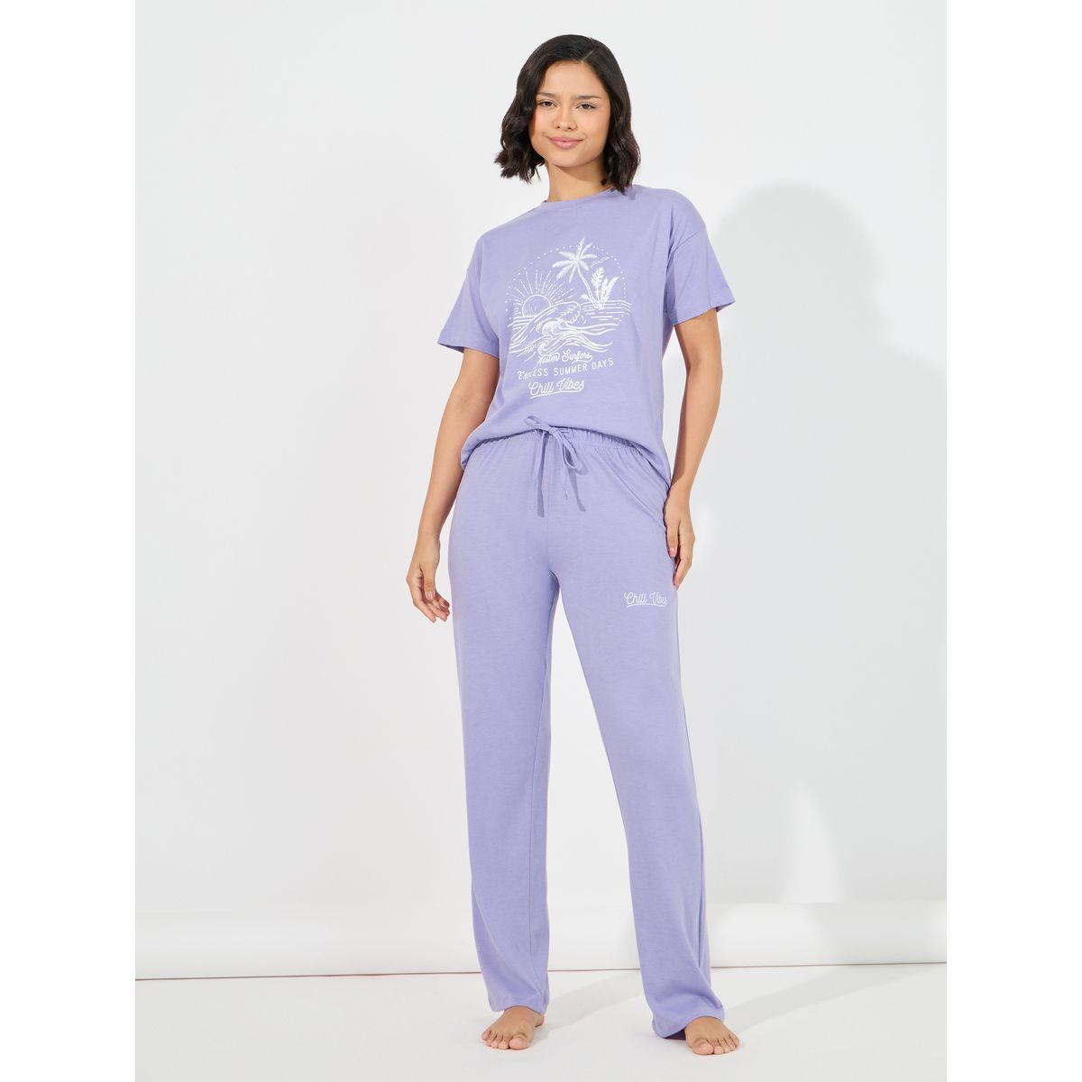 طقم من بنطال بيجاما مع تيشيرت بأكتاف منخفضة-women-clothing-nightwear-pyjamas-longsets-image-1