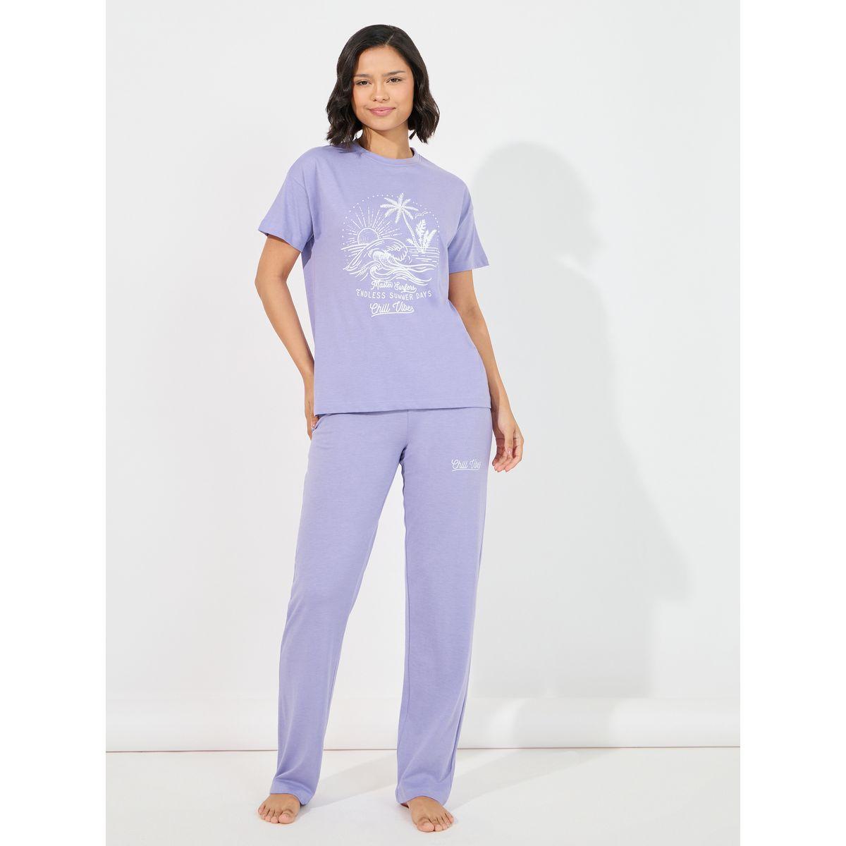 طقم من بنطال بيجاما مع تيشيرت بأكتاف منخفضة-women-clothing-nightwear-pyjamas-longsets-image-2