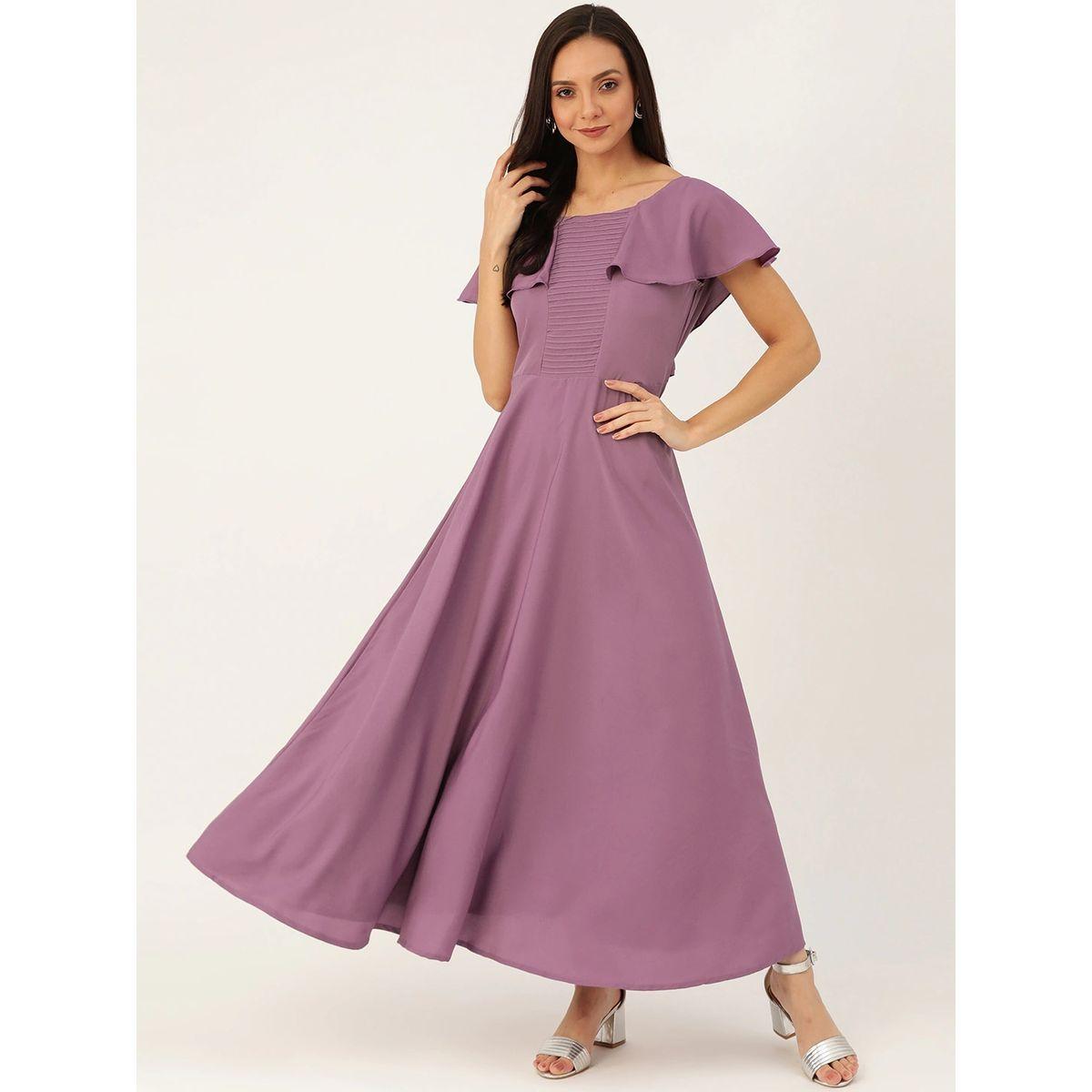 فستان طويل بياقة واسعة واكمام بكشكش يو آند إف × ستايلي-women-clothing-dresses-image-1