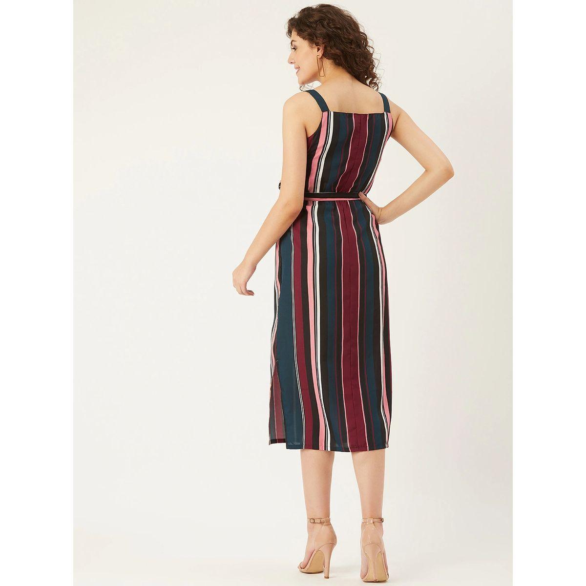 فستان ميدي مخطط بلا اكمام مع حزام يو آند إف × ستايلي-women-clothing-dresses-image-2