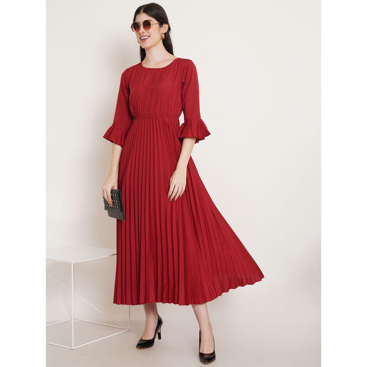 U&F X Styli  Pleated A-Line Midi Dress with Bell Sleeves-women-clothing-dresses-image-1