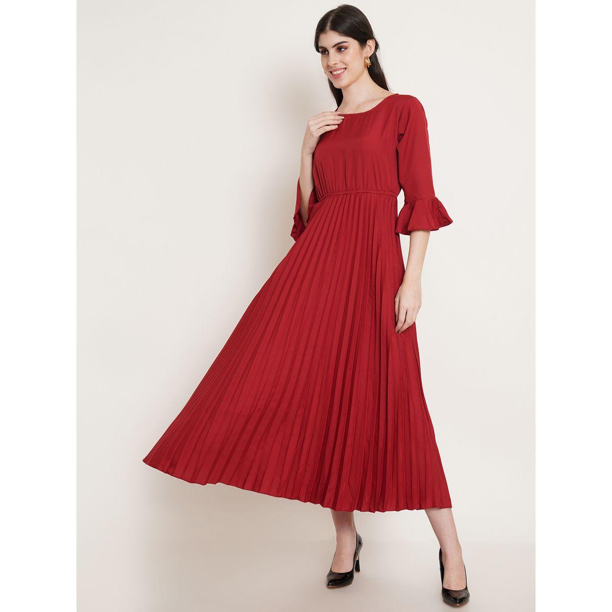 فستان ميدي بتفاصيل كسرات مع اكمام بنمط جرس يو آند إف × ستايلي-women-clothing-dresses-image-2