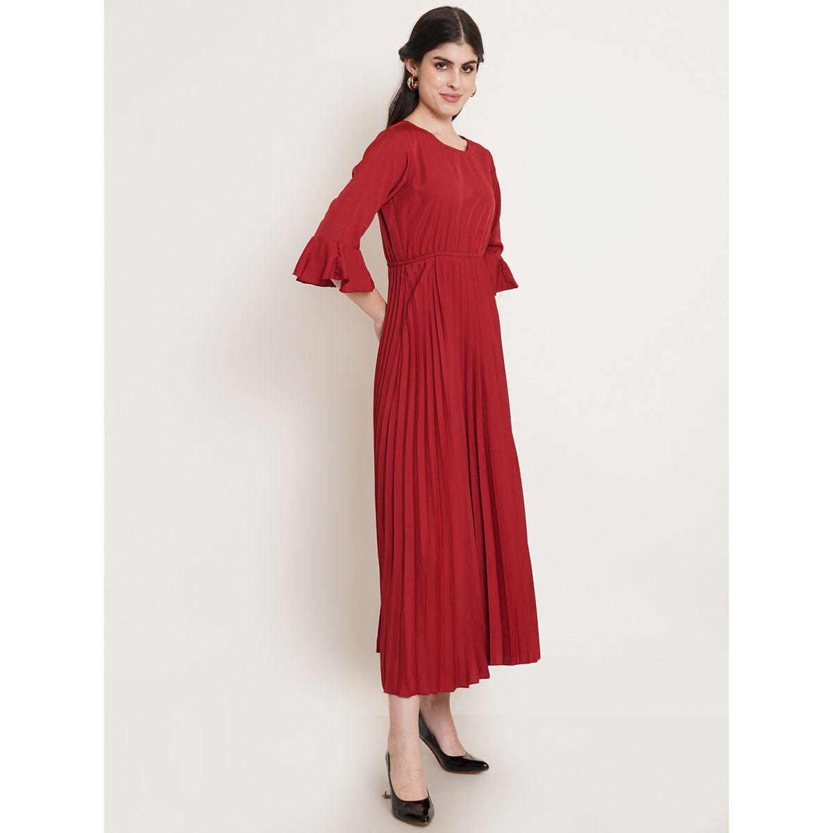 فستان ميدي بتفاصيل كسرات مع اكمام بنمط جرس يو آند إف × ستايلي-women-clothing-dresses-image-3