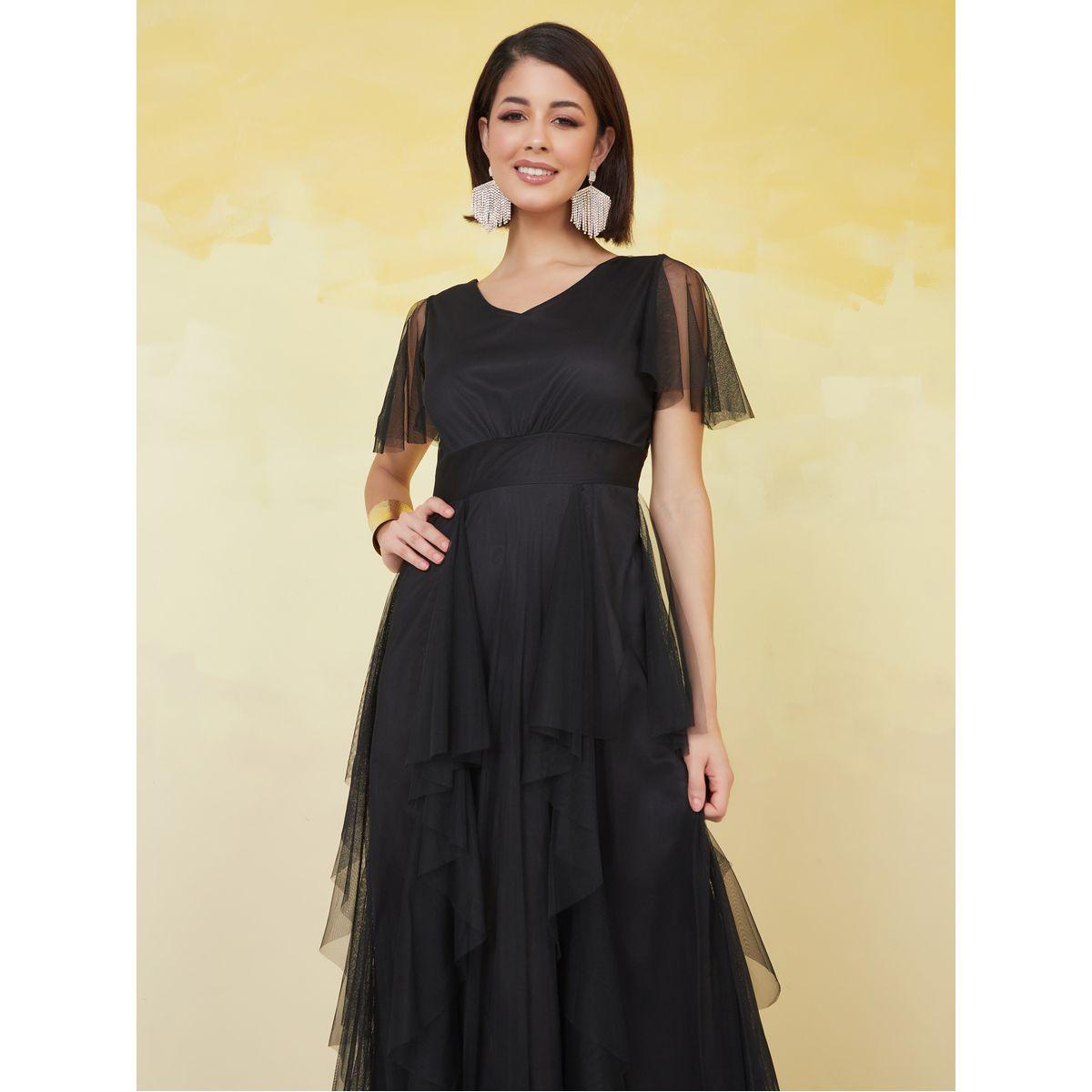 فستان طويل بتداخلات شبكية وأكمام كشكش يو آند إف × ستايلي-women-clothing-dresses-image-2