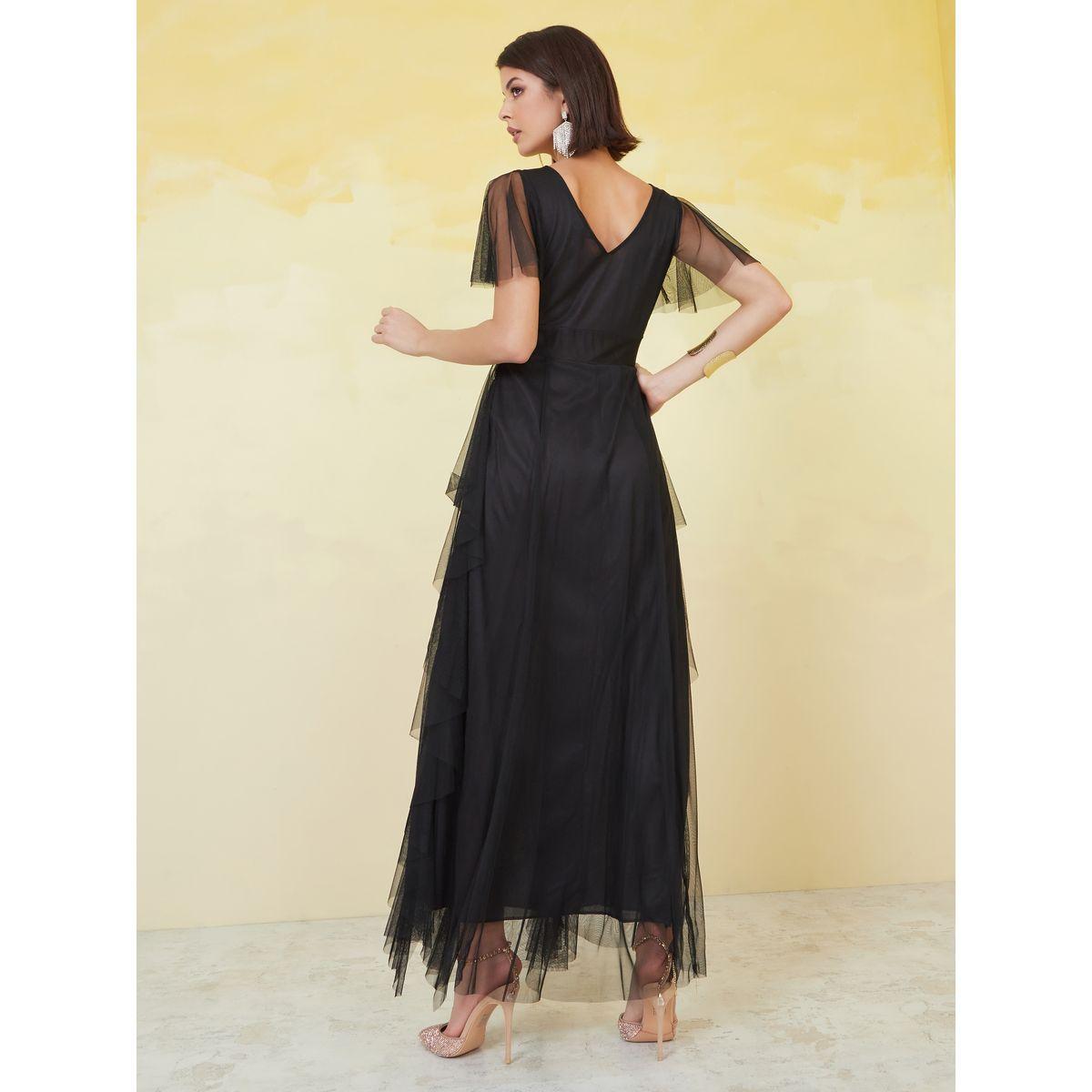 فستان طويل بتداخلات شبكية وأكمام كشكش يو آند إف × ستايلي-women-clothing-dresses-image-4