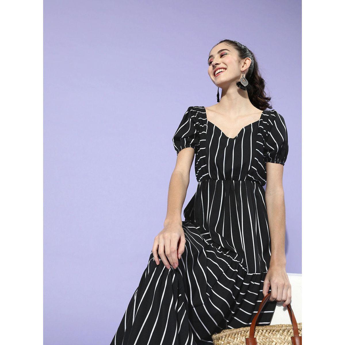 فستان مخطط طويل بياقة على شكل قلب يو آند إف × ستايلي-women-clothing-dresses-image-1